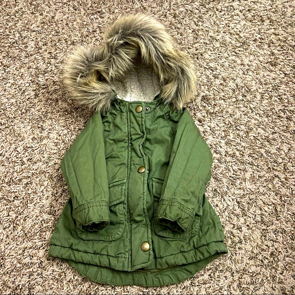 Baby parka jacket with faux fur hoodie | 12-18 months | army green